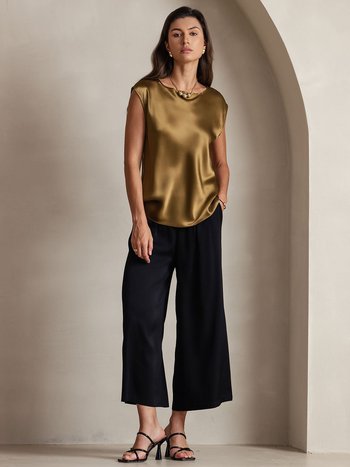 [Brown] SilkSilky-AU 19Momme Stretch Silk Charmeuse Cap Sleeve Round Neck Women's T-Shirt 004