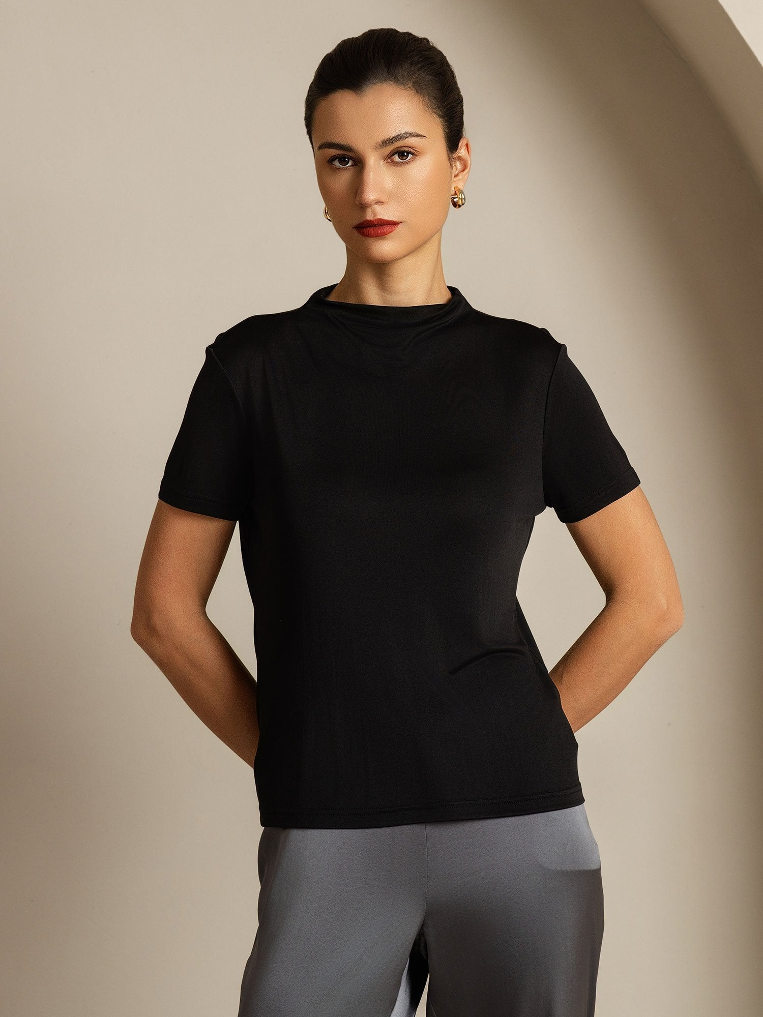 [Black] SilkSilky-AU Pure Silk Collar Women's T-Shirt 005