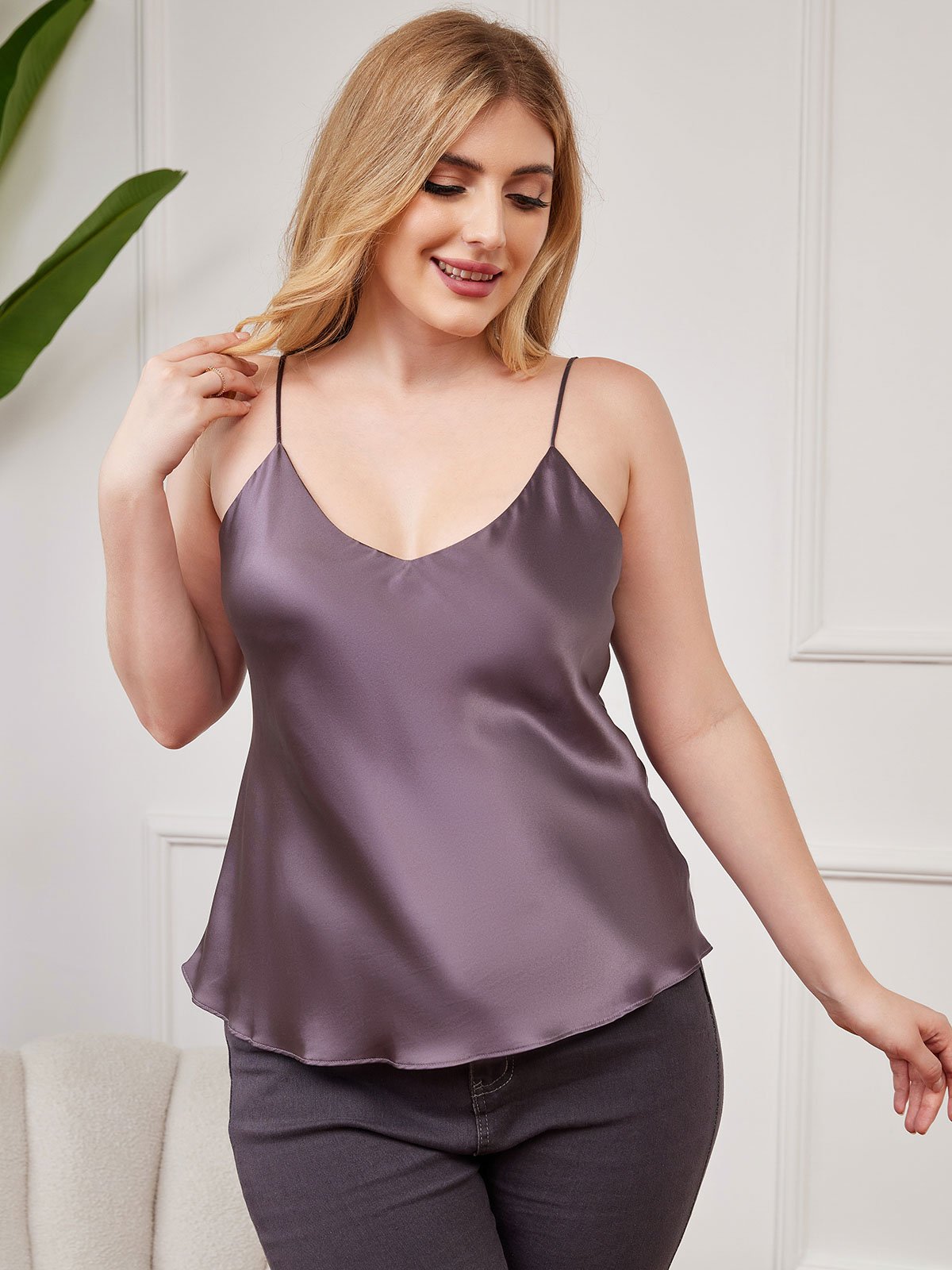 SilkSilky AU Pure Silk Deep V Neck Plus Size Camisole Top PurpleGray 001