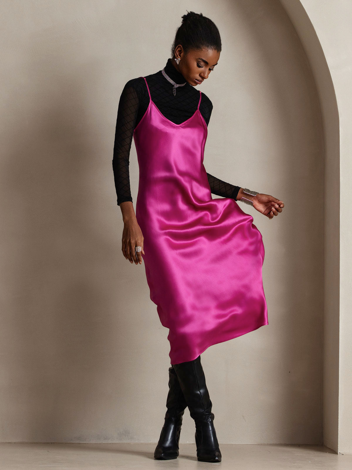 [Rose Red] SilkSilky-AU Spaghetti Strap V Neck Dress 004