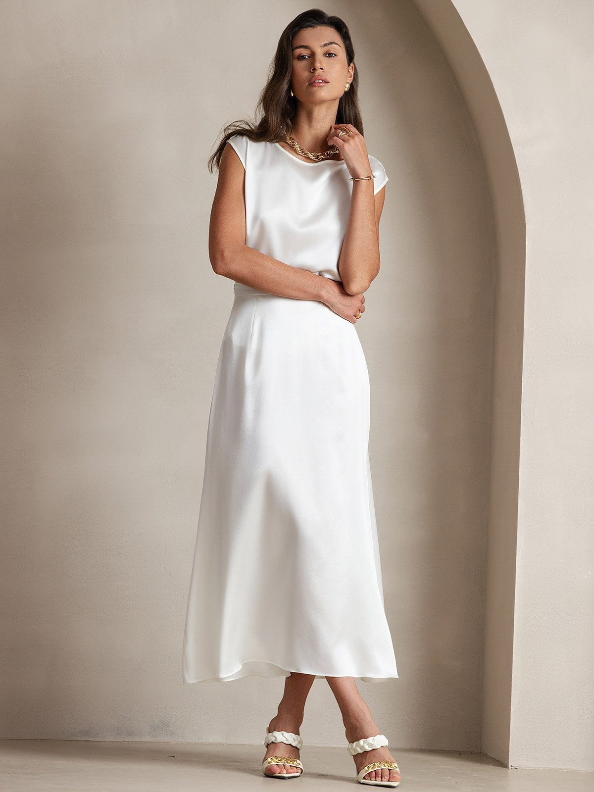 [White] SilkSilky-AU 19Momme Silk Round Neck Women's T-Shirt 006