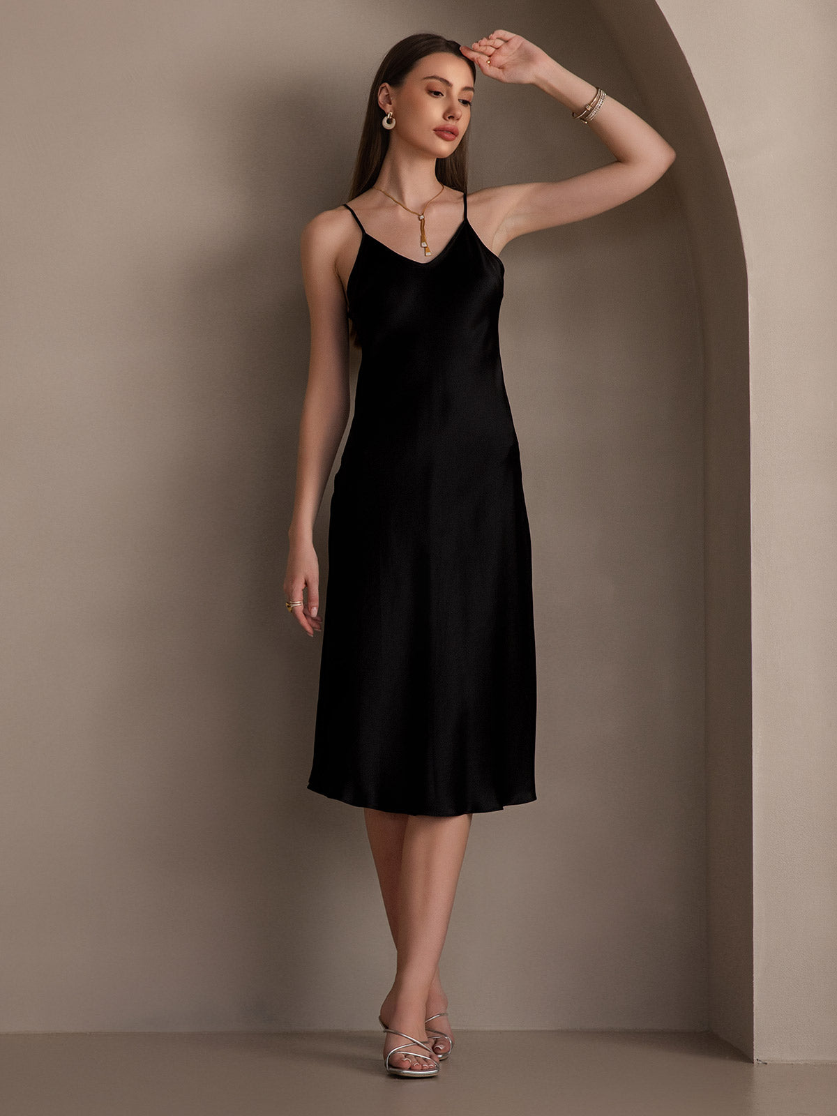 SilkSilky AU Pure Silk Deep V Neck Dress Black 005