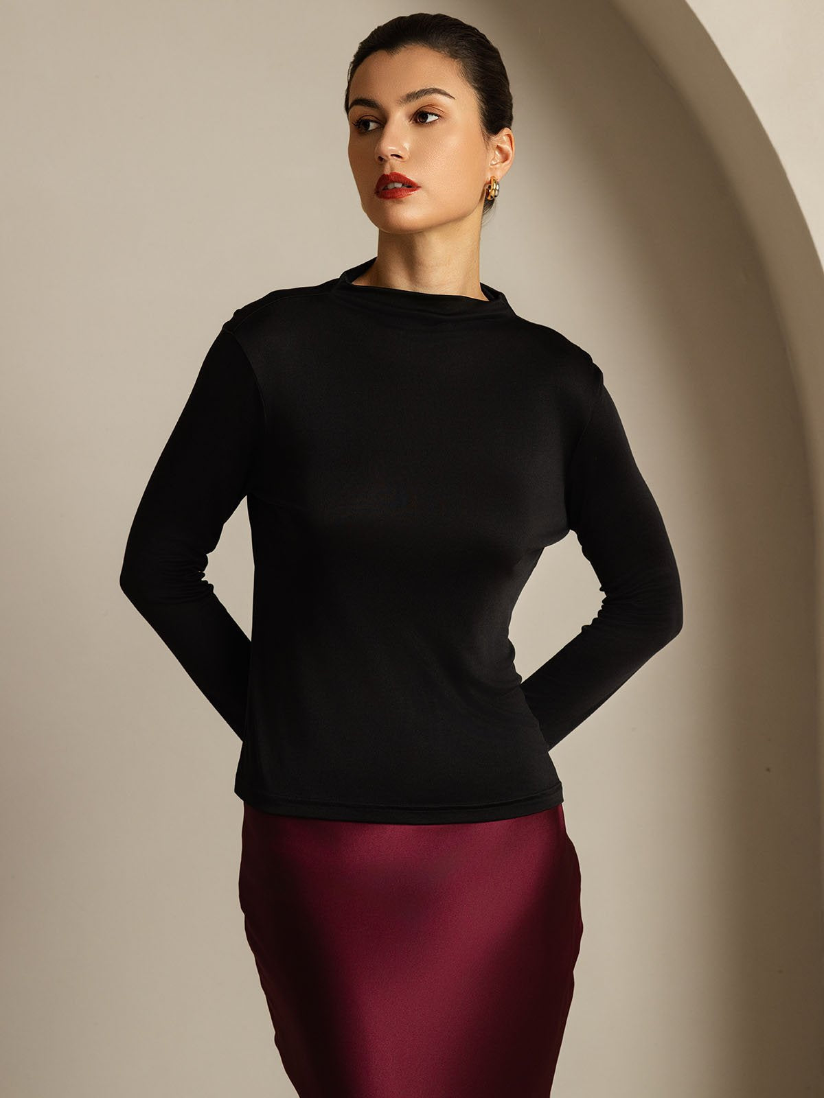 [Black] SilkSilky-AU Pure Silk High Neck Women's T-Shirt 008