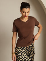 [Coffee] SilkSilky-AU Short Sleeve V Neck Women's T-Shirt 003