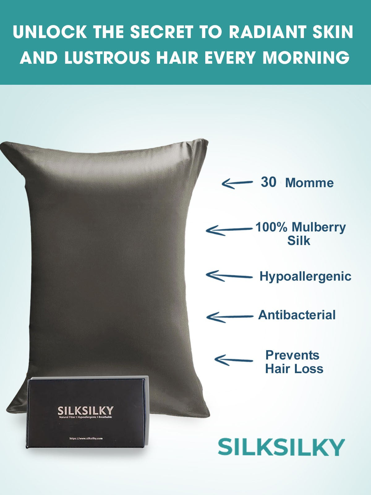 SilkSilky AU 30Momme Pure Silk Pillowcase DarkGray 002