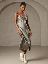 [Grayish Green] SilkSilky-AU Sleeveless V Neck Dress 006