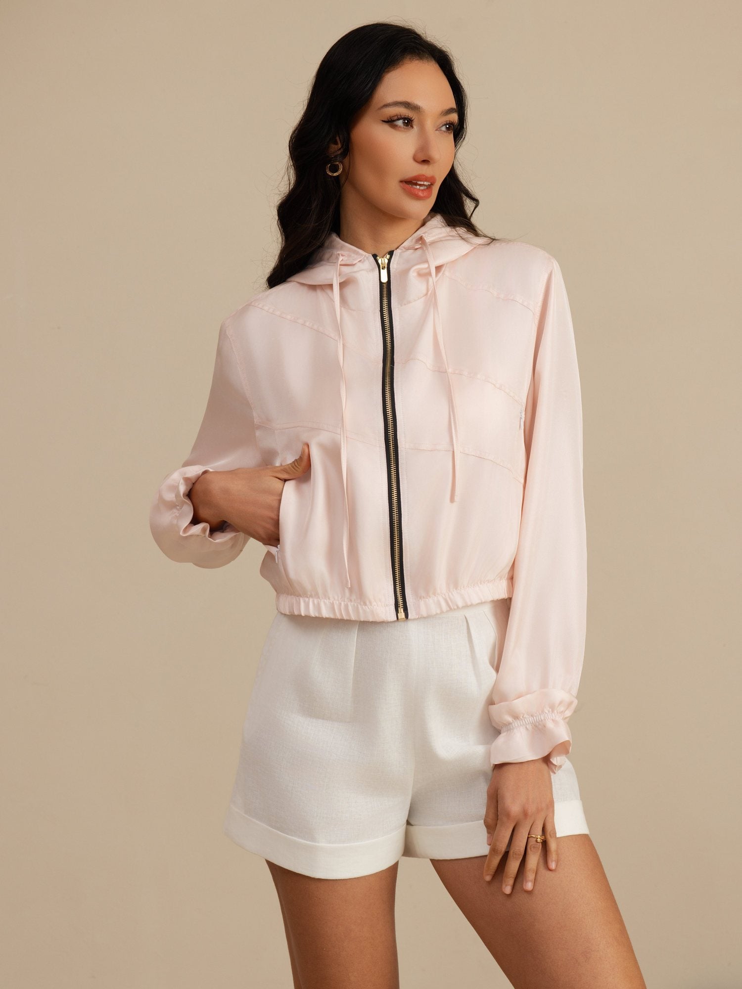 [Pink] SilkSilky-AU 18Momme Silk Satin Surah Long Sleeve High Neck Women's Outerwear 003