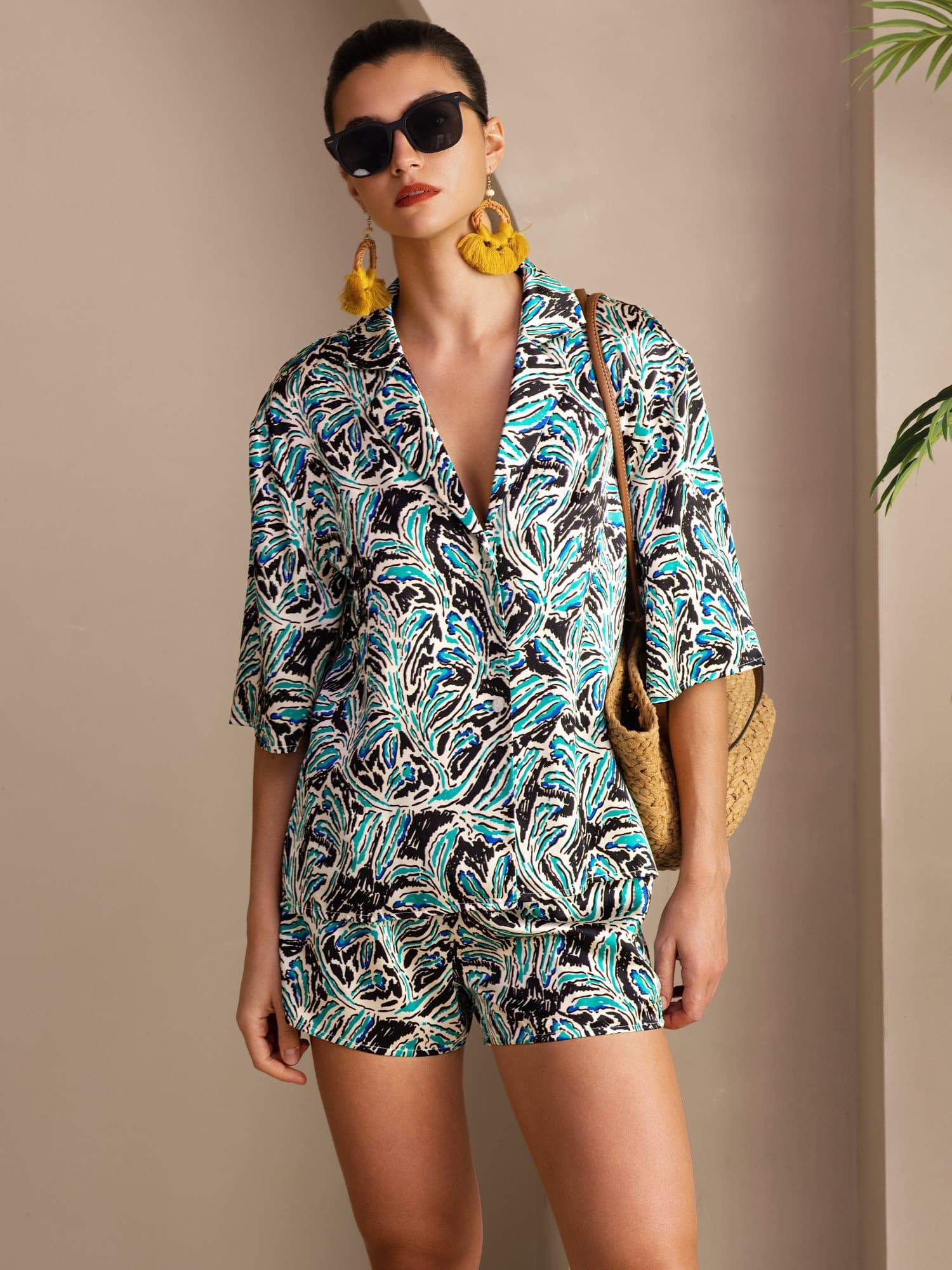 [Teal Botanical] SilkSilky-AU Short Sleeve Notch Collar Women's Pyjamas 001
