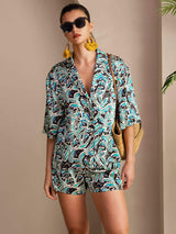 [Teal Botanical] SilkSilky-AU Half Sleeve Lapel Collar Women's Pyjamas 001