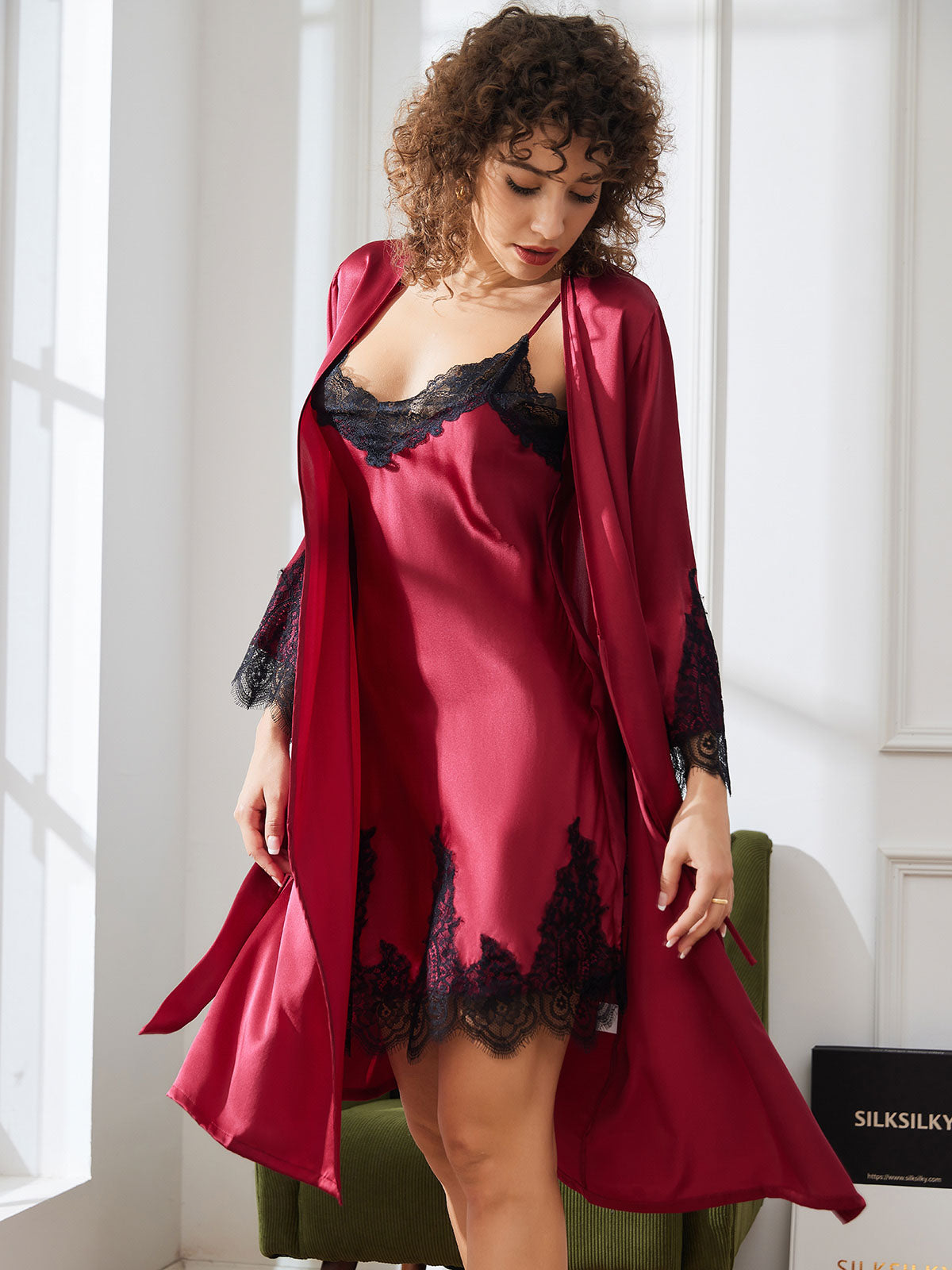 SilkSilky AU Pure Silk 3/4 Sleeve Nightgown&Robe Set DarkRed 004