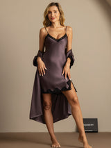 [Purple Gray] SilkSilky-AU Half Sleeve V Neck Nightgown&Dressing Gown Set 005