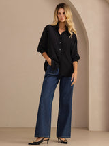 [Black] SilkSilky-AU Long Sleeve Lapel Collar Women's Shirt 007