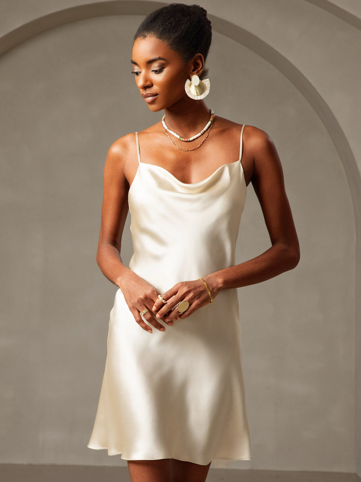[Light Yellow] SilkSilky-AU Pure Silk Cowl Neck Dress 004