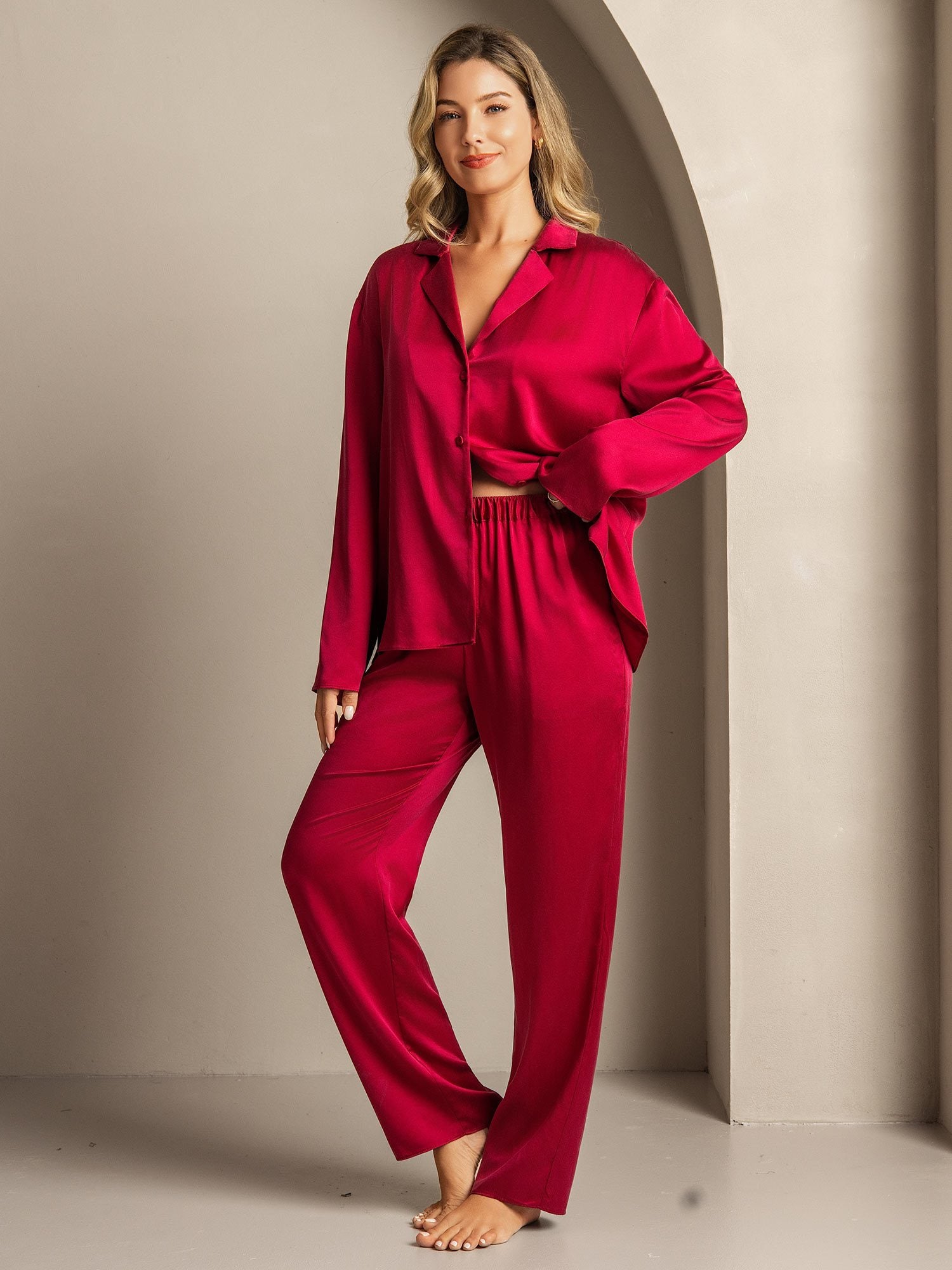 [Wine] SilkSilky-AU 19Momme Washable Silk Notched Neck Women's Pyjamas 004