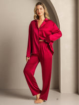 [Wine] SilkSilky-AU 19Momme Machine-Washable Silk Long Sleeve Notch Collar Women's Pyjamas 004