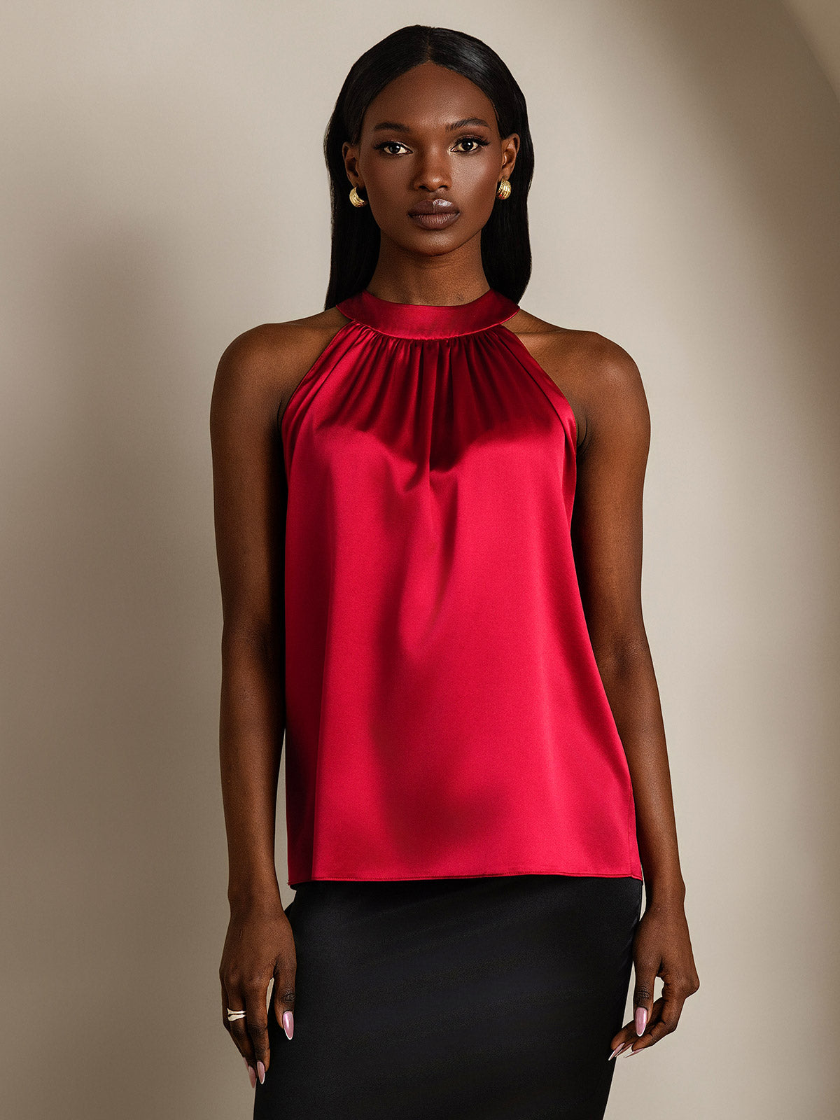 [Wine] SilkSilky-AU 19Momme Silk Sleeveless Halter Neck Women's T-Shirt 003