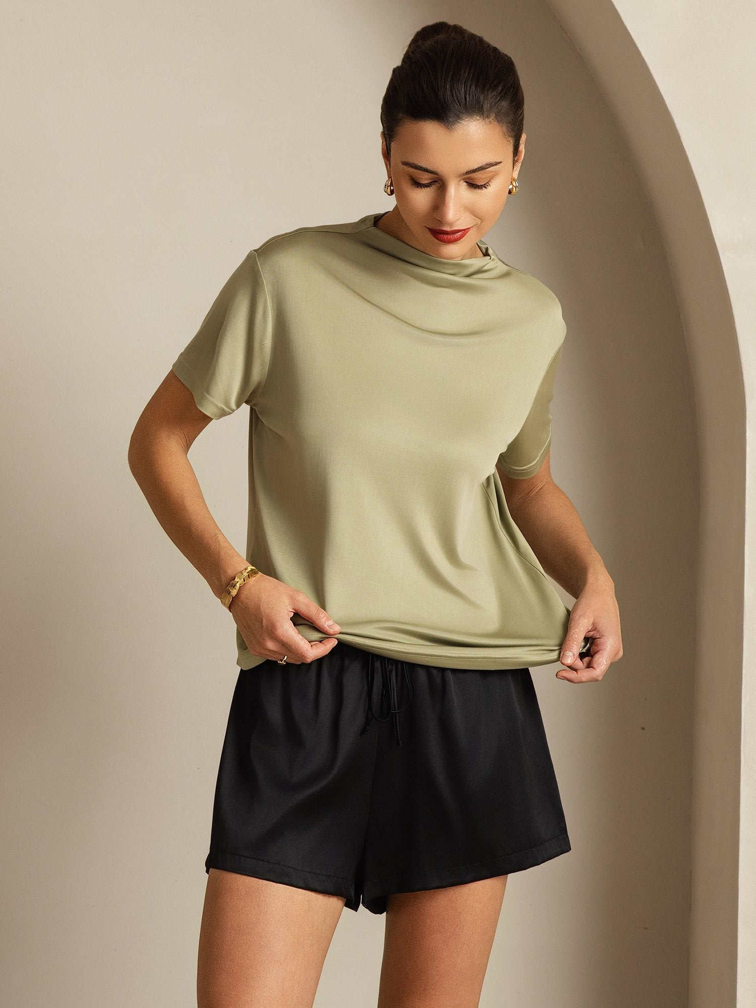 [Dried Herb] SilkSilky-AU Pure Silk Collar Women's T-Shirt 007