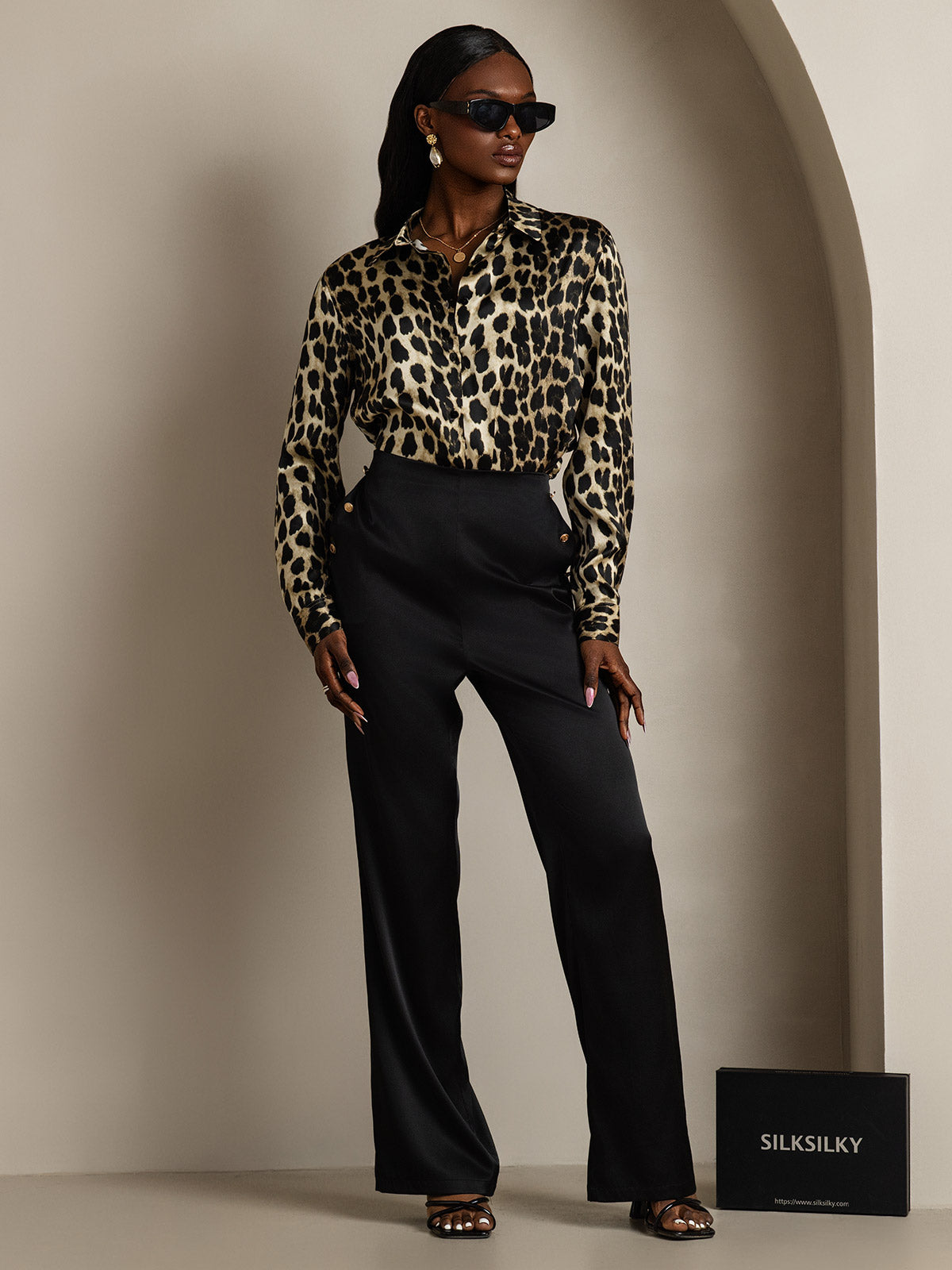 SilkSilky-AU Silk Long Sleeve Collar Women's Shirt Leopard 006