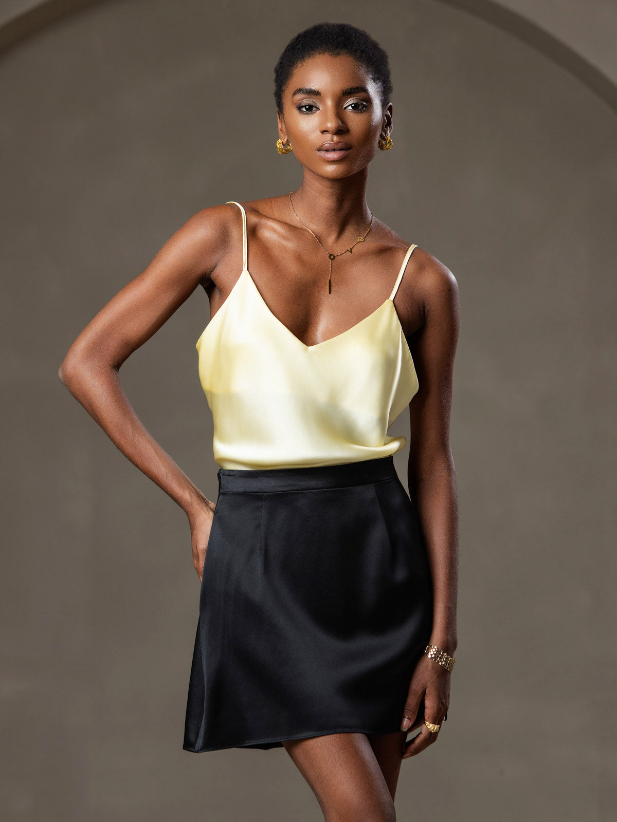 [Light Yellow] SilkSilky-AU Pure Silk V Neck Camisole 001