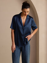 [Dark Blue] SilkSilky-AU Short Sleeve Notch Collar Women's Shirt 005