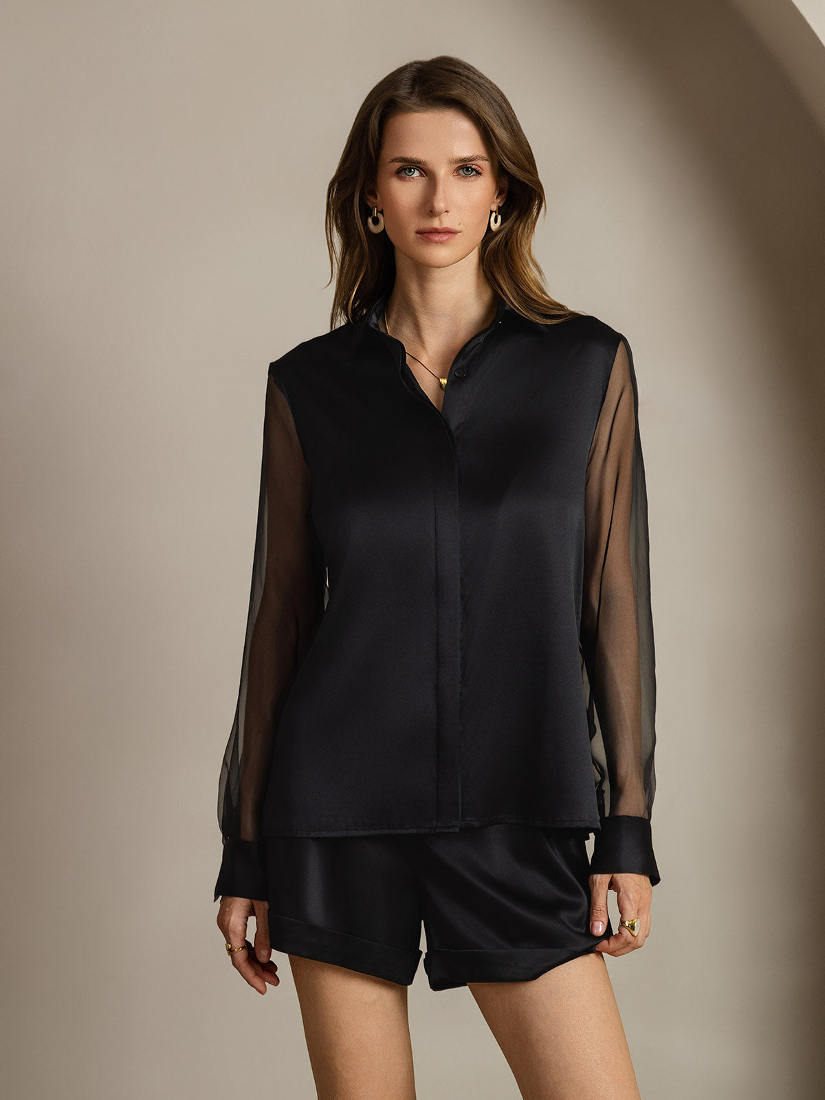[Black] SilkSilky-AU 19Momme Silk Lapel Collar Women's Shirt 001