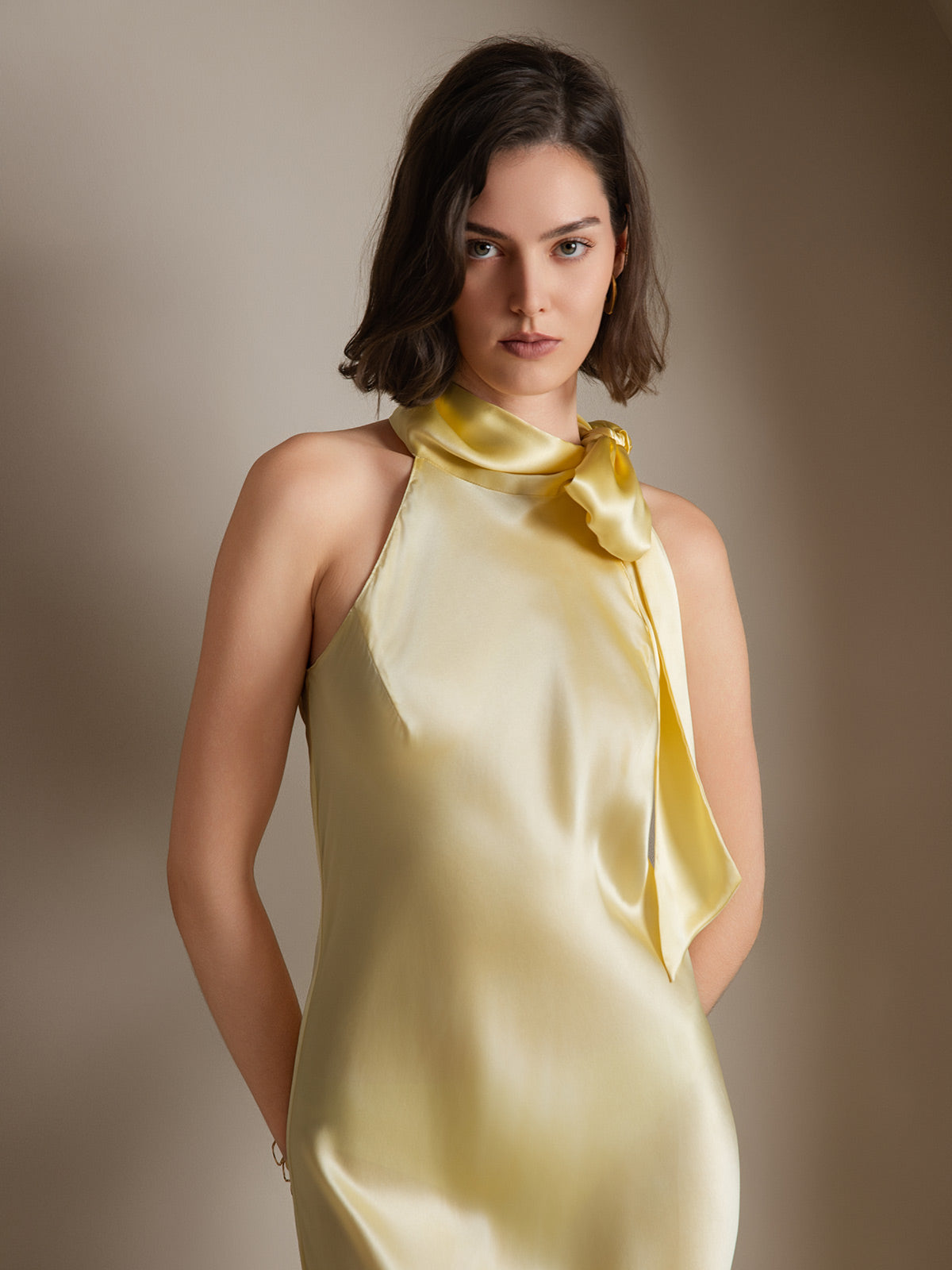 [Light Yellow] SilkSilky-AU 19Momme Silk Tie Neck Dress 004