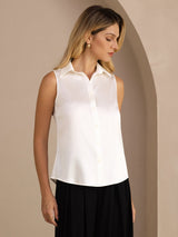 [White] SilkSilky-AU Sleeveless Lapel Collar Women's Shirt 001