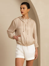 [Tan] SilkSilky-AU 18Momme Silk Satin Surah Long Sleeve Stand Collar Women's Outerwear 001