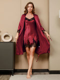 SilkSilky-AU Pure Silk 3/4 Sleeve Nightgown&Robe Set DarkRed 001