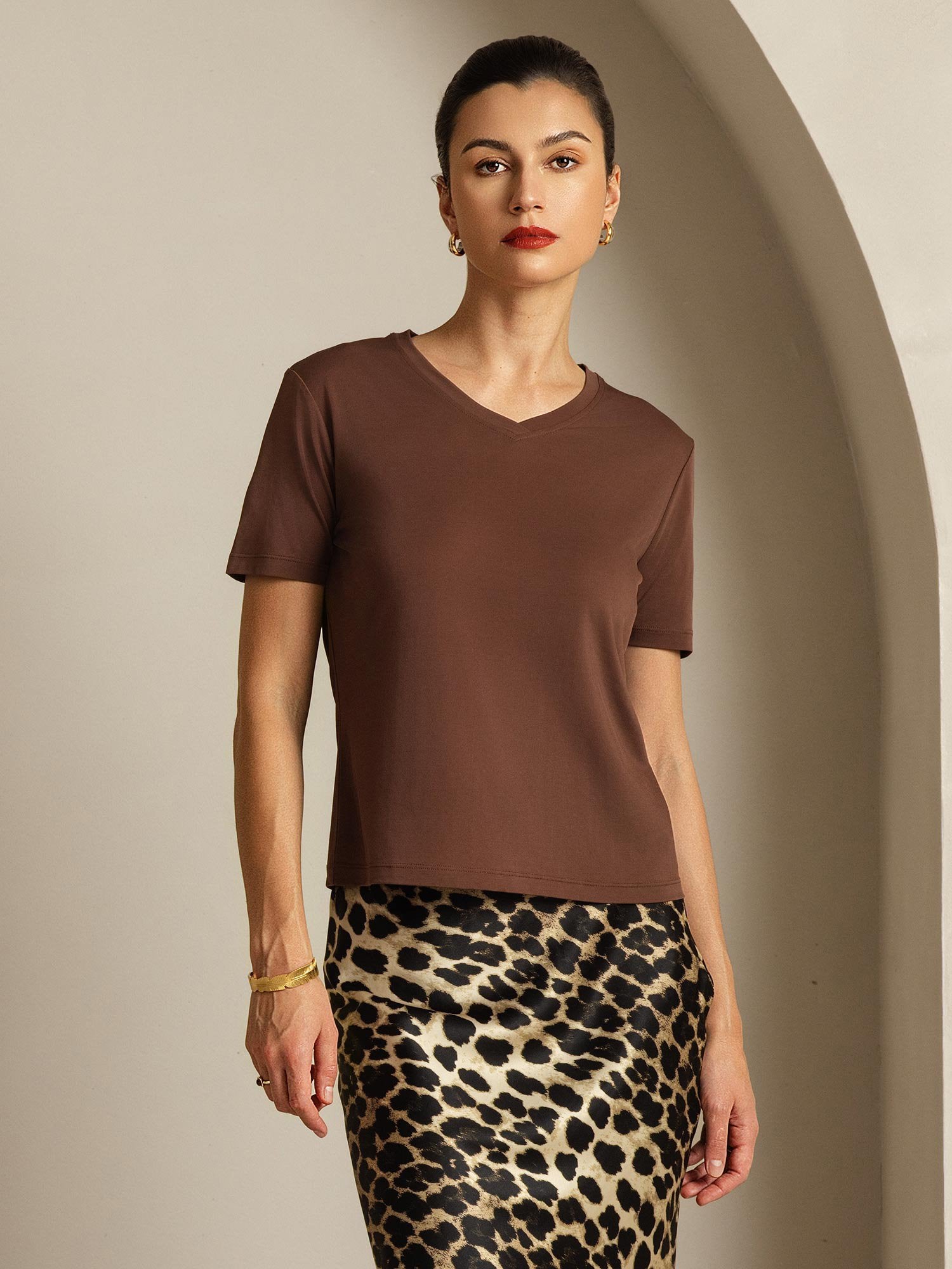 [Coffee] SilkSilky-AU Pure Silk V Neck Women's T-Shirt 001