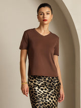 [Coffee] SilkSilky-AU Short Sleeve V Neck Women's T-Shirt 001