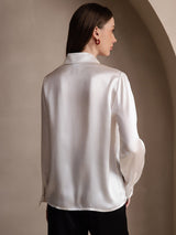 [White] SilkSilky-AU 19Momme Stretch Silk Charmeuse Long Sleeve Lapel Collar Women's Shirt 002