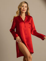 [Red] SilkSilky-AU Long Sleeve Lapel Collar Nightshirt 003