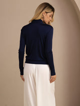 [Dark Blue] SilkSilky-AU Long Sleeve Wrap Women's Blouse 002