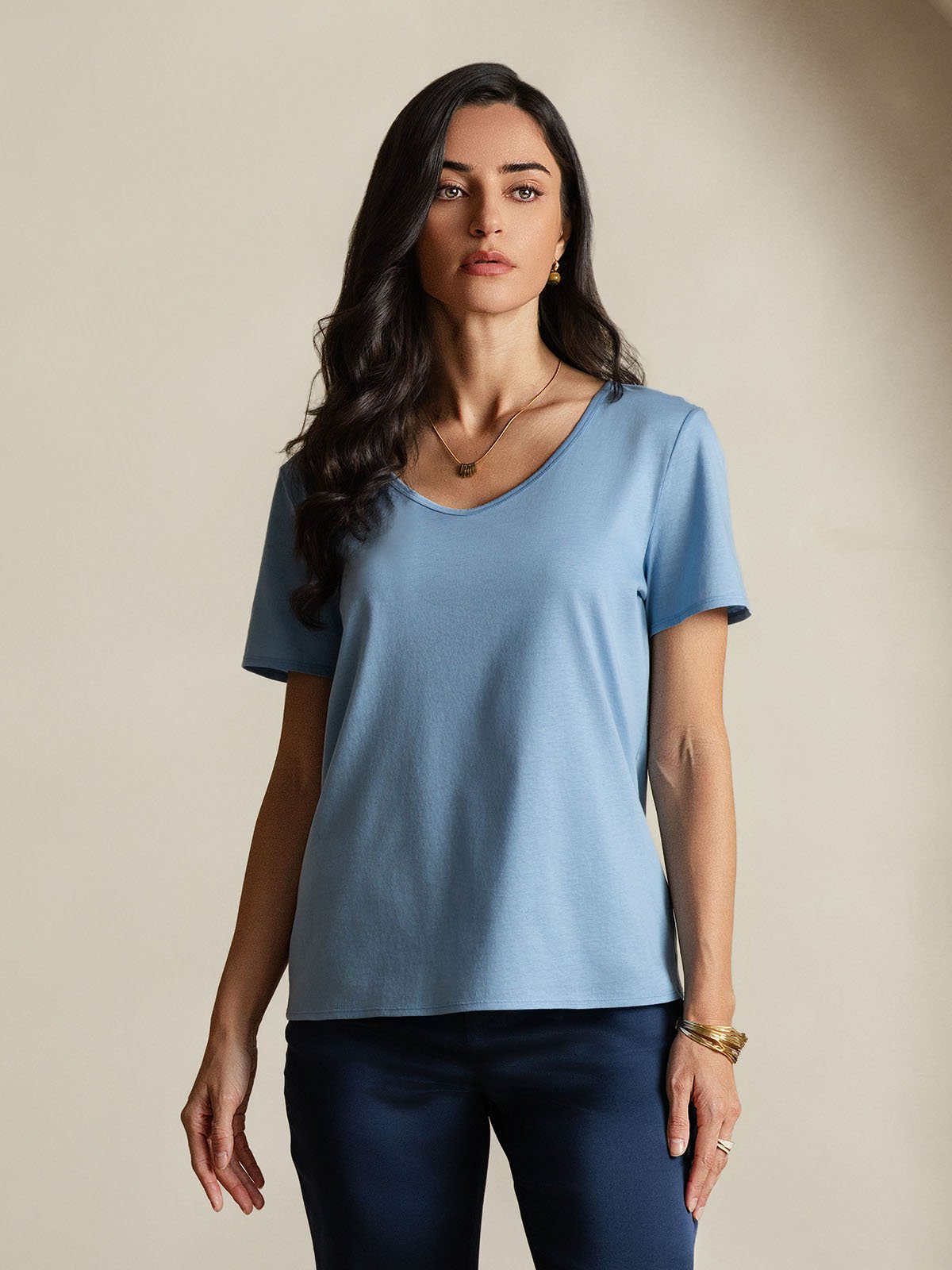 SilkSilky-AU Silk Short Sleeve V Neck Women's T-Shirt Blue 004