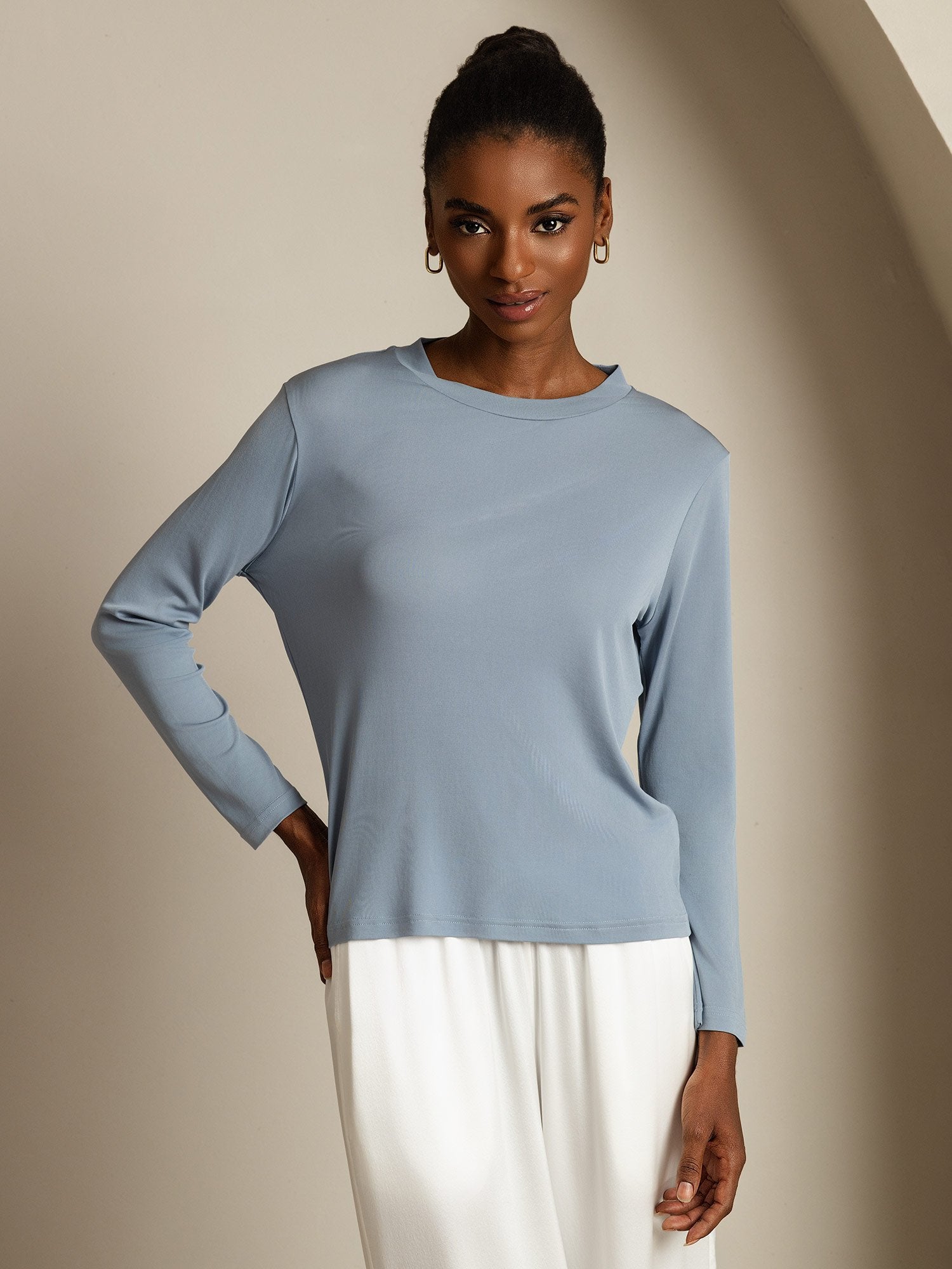 [GrayishBlue] SilkSilky-AU Pure Silk Round Neck Women's T-Shirt 003