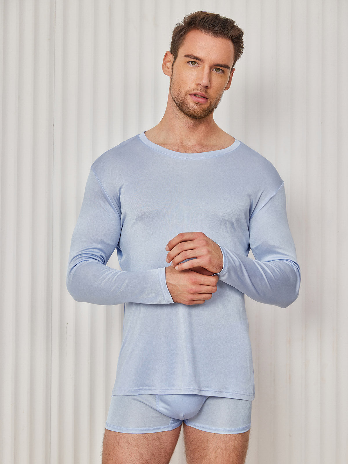 SilkSilky AU Silk Knitted Long Sleeve Round Neck Men's T Shirt LightBlue 004