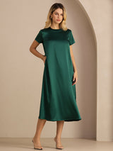 [Dark Green] SilkSilky-AU Short Sleeve Crew Neck Dress 003