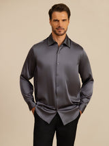 [Dark Gray] SilkSilky-AU 19Momme Stretch Silk Charmeuse Long Sleeve Lapel Collar Men's Shirt 003