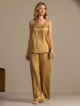 [Tan] SilkSilky-AU 19Momme Machine-Washable Silk Spaghetti Strap Scoop Neck Camisole Set 007