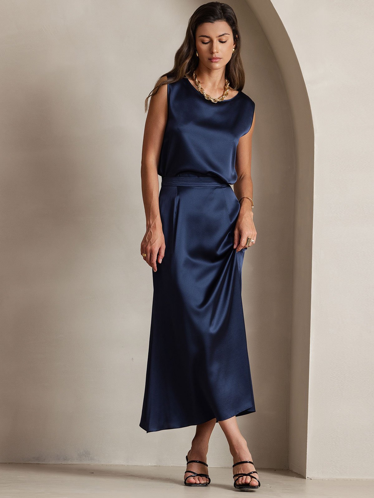 [Dark Blue] SilkSilky-AU 19Momme Stretch Silk Charmeuse Skirt 008
