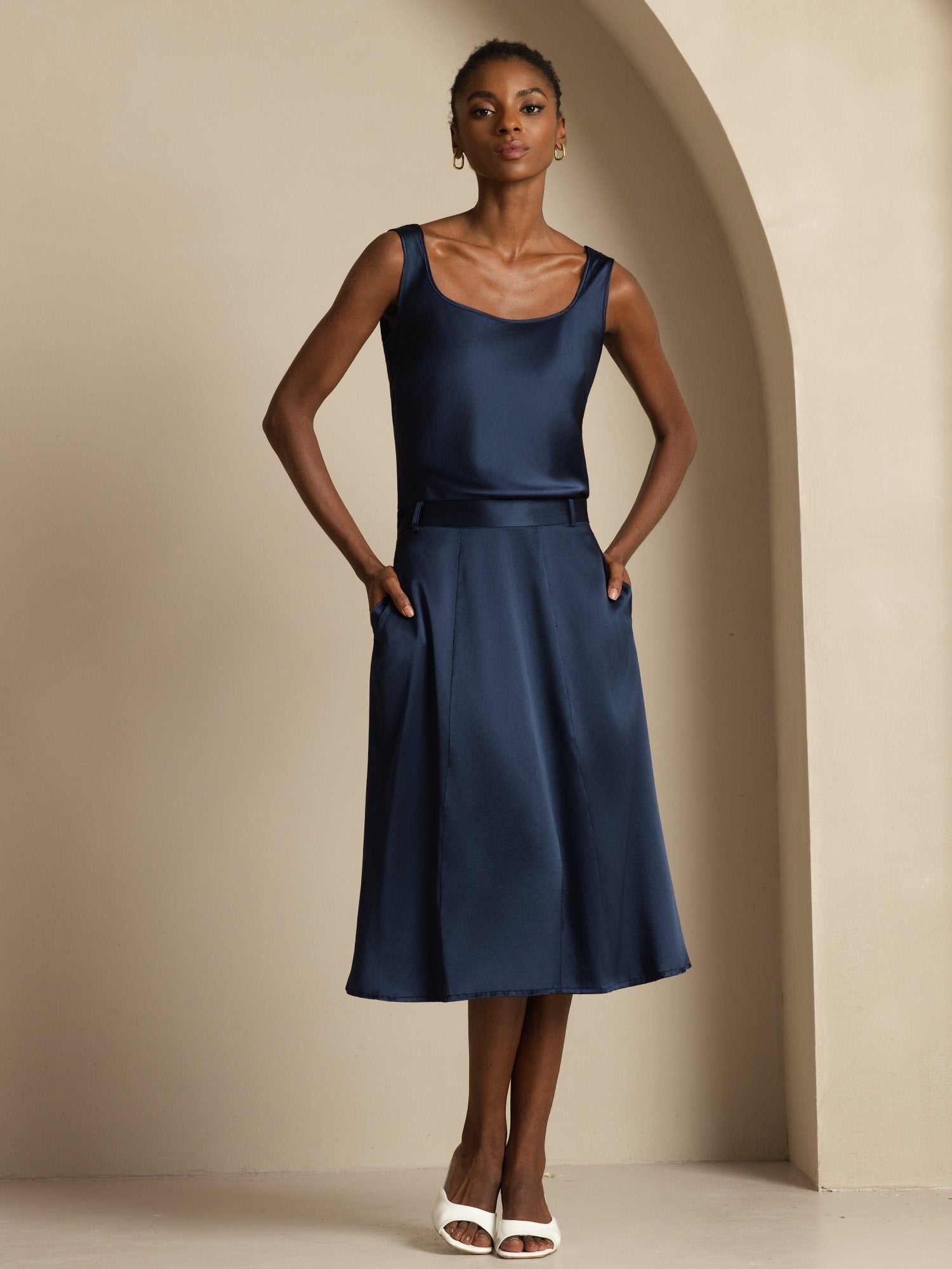 [Dark Blue] SilkSilky-AU 19Momme Stretch Silk Charmeuse Skirt 001