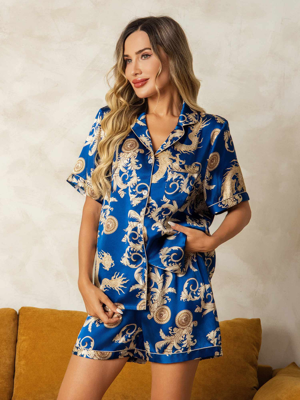 [Navy Dragon] SilkSilky-AU Short Sleeve Lapel Collar Women's Pyjamas 001