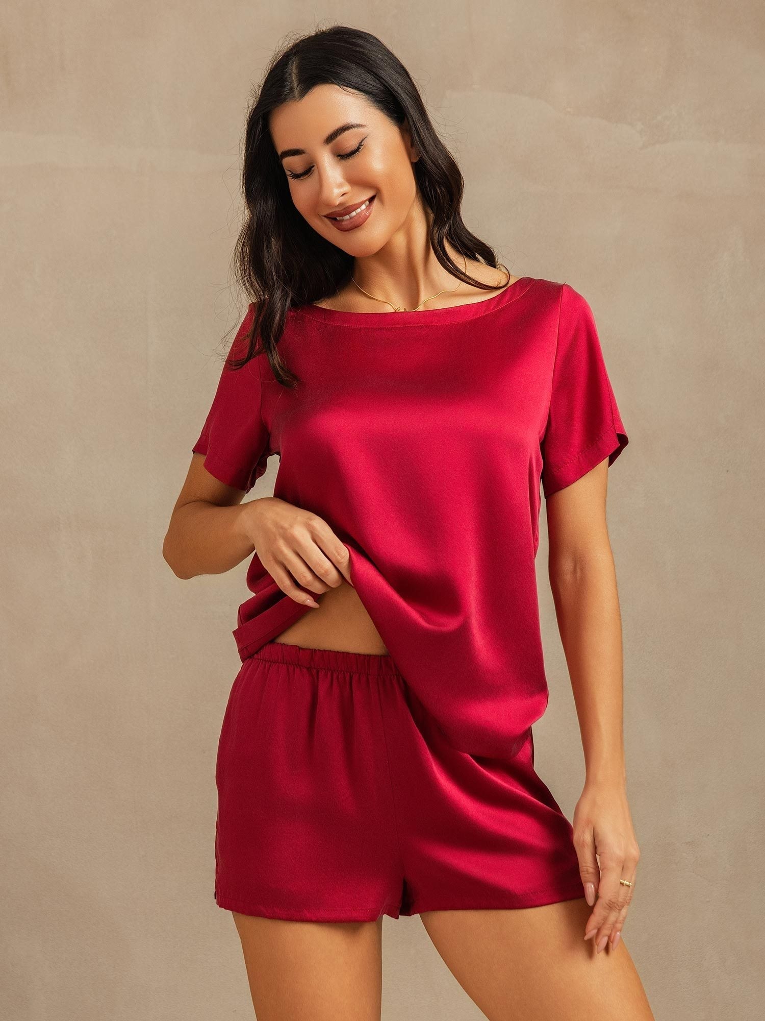 [Wine] SilkSilky-AU 19Momme Silk Round Neck Women's Pyjamas 008,