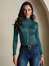 [Dark Green] SilkSilky-AU Silk Jersey Long Sleeve Turtle Neck Women's T-Shirt 001