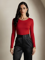 [Wine] SilkSilky-AU Silk Jersey Long Sleeve Round Neck Women's T-Shirt 003
