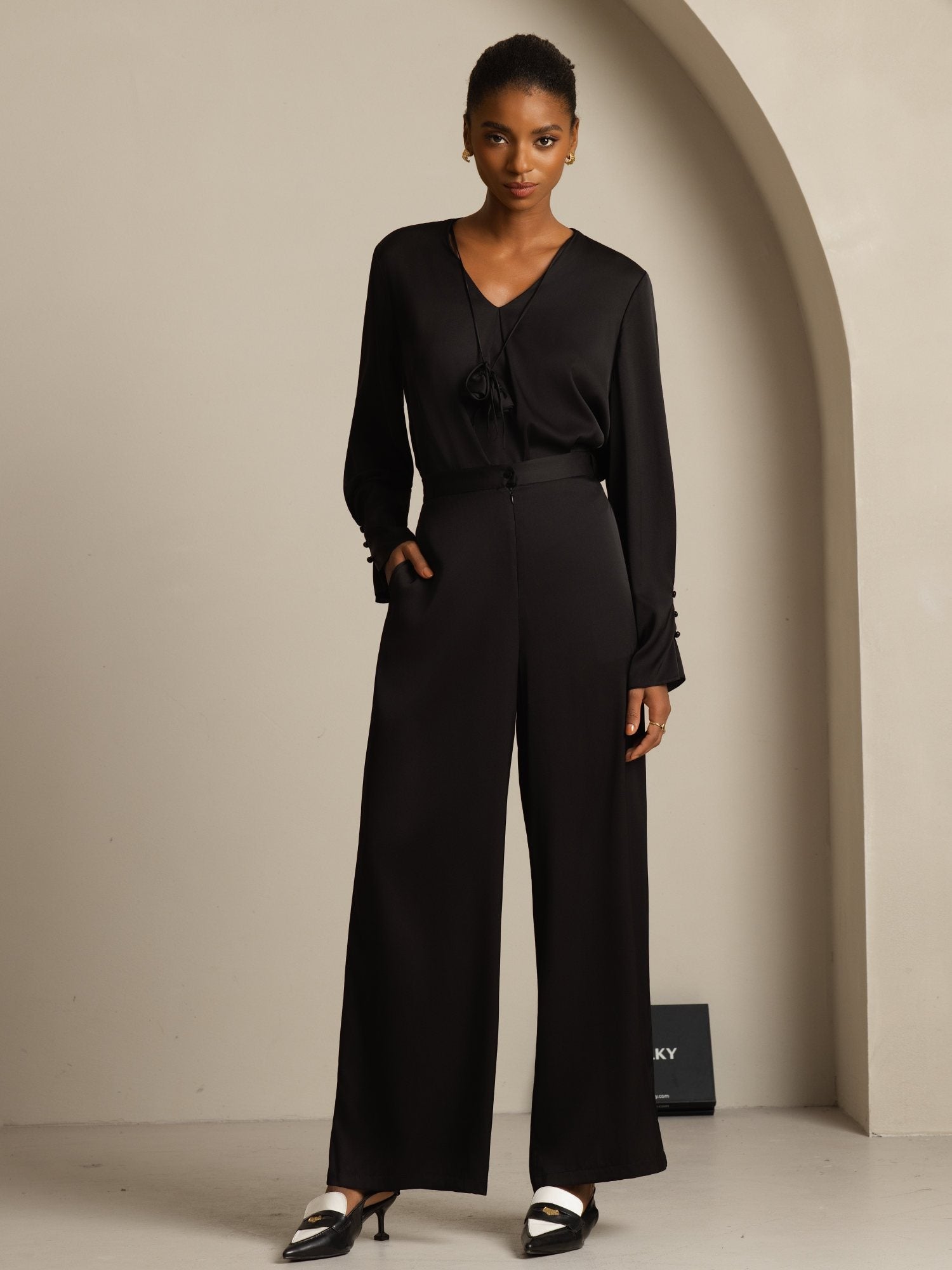 [Black] SilkSilky-AU 19Momme Stretch Silk Double Georgette Long Sleeve V Neck Blouse 007