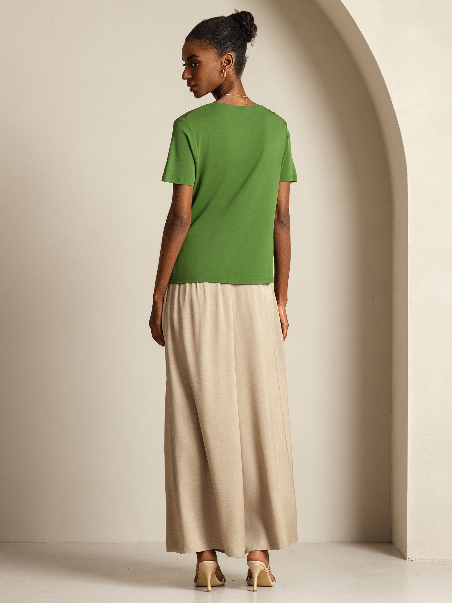 [Green] SilkSilky-AU Pure Silk V Neck Women's T-Shirt 002