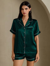 [Dark Green] SilkSilky-AU Short Sleeve Lapel Collar Women's Pyjamas 003