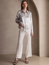 [Light Gray] SilkSilky-AU 19Momme Stretch Silk Charmeuse Long Sleeve Lapel Collar Women's Shirt 006